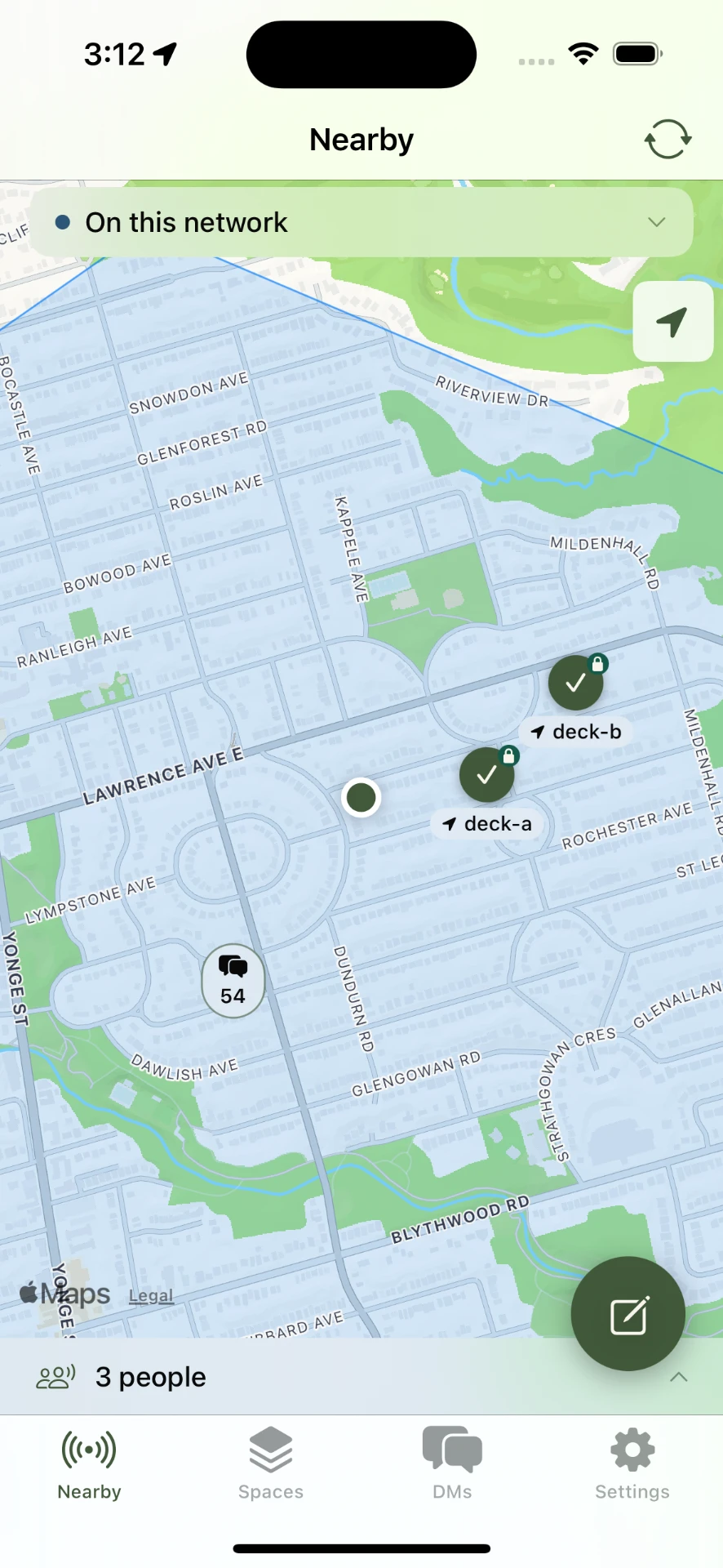 StreetSparrow Nearby map showing neighbors and radio nodes on this network