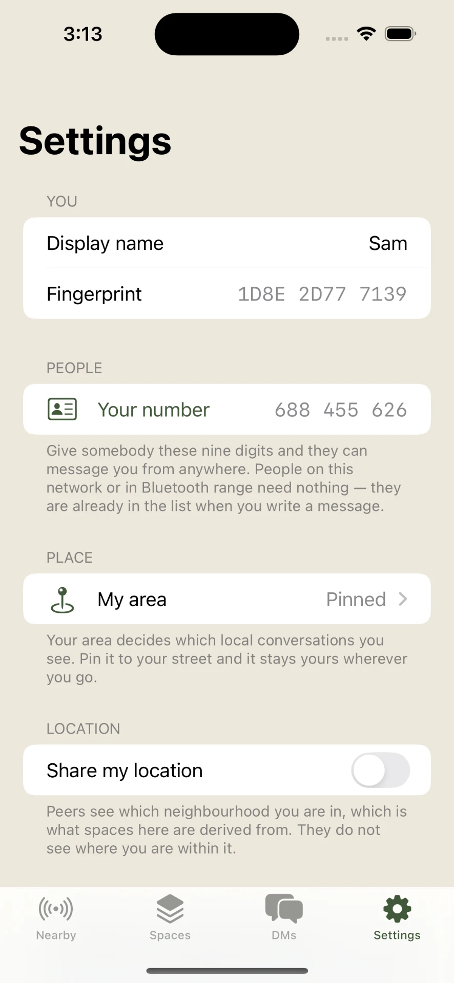 StreetSparrow settings screen showing display name, personal number and area