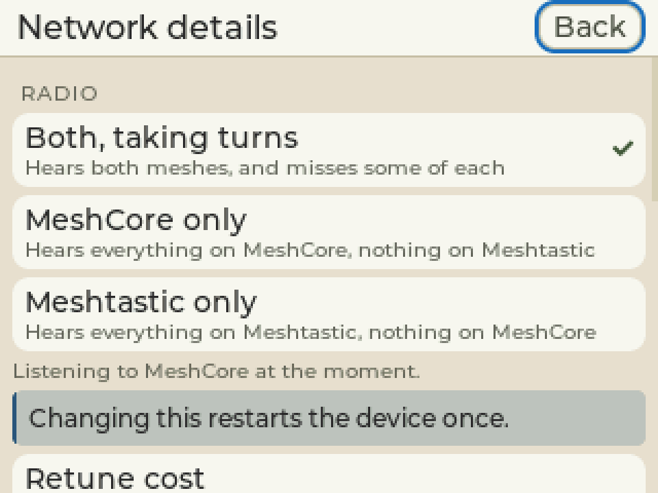 Handheld device network settings offering MeshCore, Meshtastic, or both