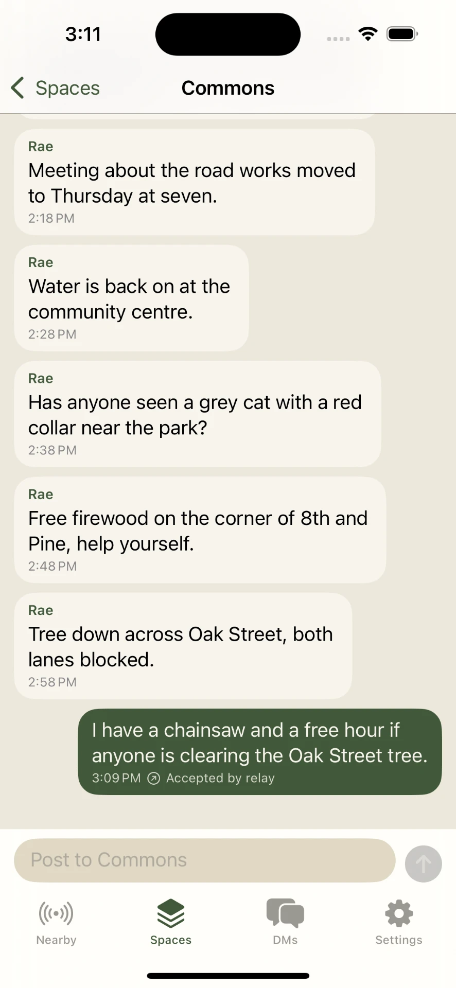 StreetSparrow Commons conversation with neighborhood messages